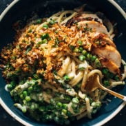 A picture of Garlic Cream Bucatini with Peas and Asparagus